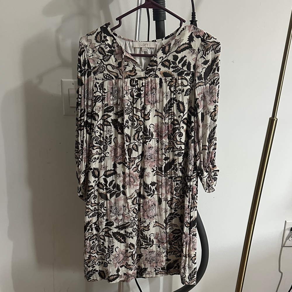 LOFT Floral Black and Pink Long Sleeve Dress